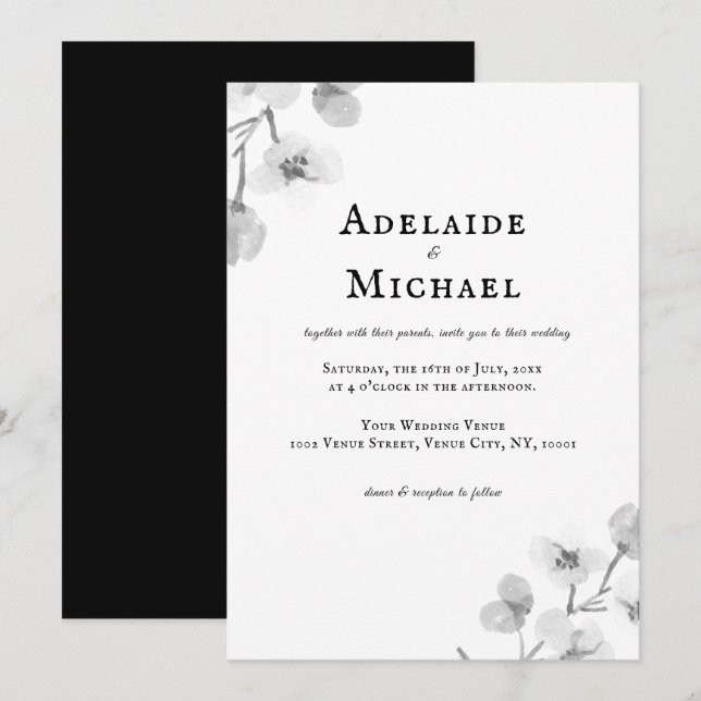 Invitación Elegante Boda de acuarela floral blanca y negra (Anverso / Reverso)