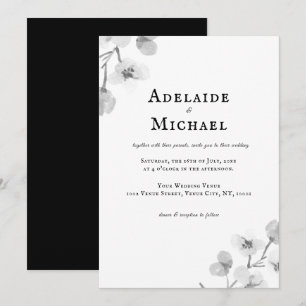 Invitación Elegante Boda de acuarela floral blanca y negra