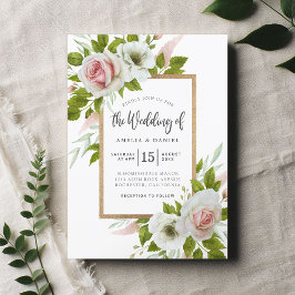 Invitación Elegante Boda de acuarela floral blanca y rosa