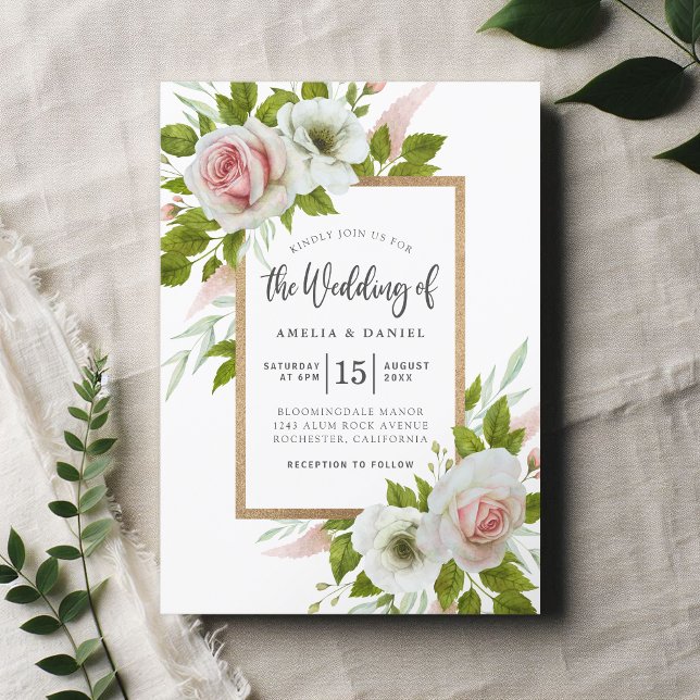 Invitación Elegante Boda de acuarela floral blanca y rosa (Subido por el creador)