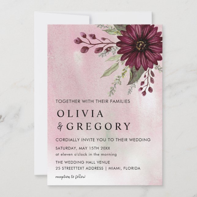 Invitación Elegante Boda de acuarela floral de Borgoña (Anverso)