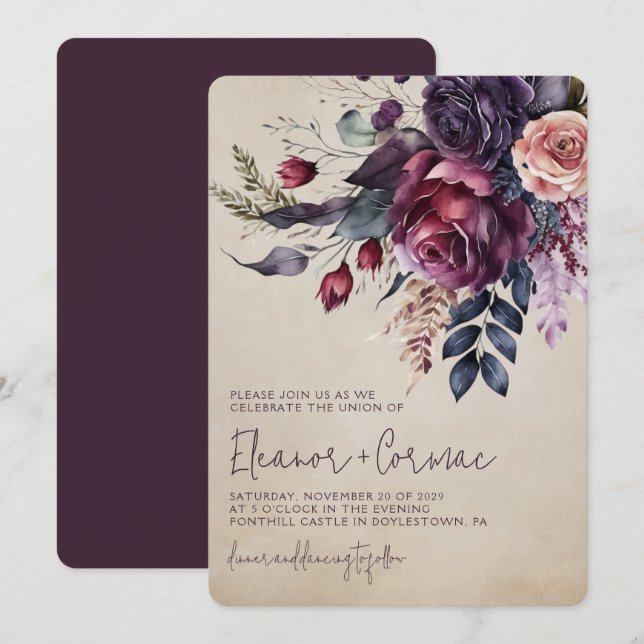 Invitación Elegante Boda de acuarela floral de Borgoña (Anverso / Reverso)