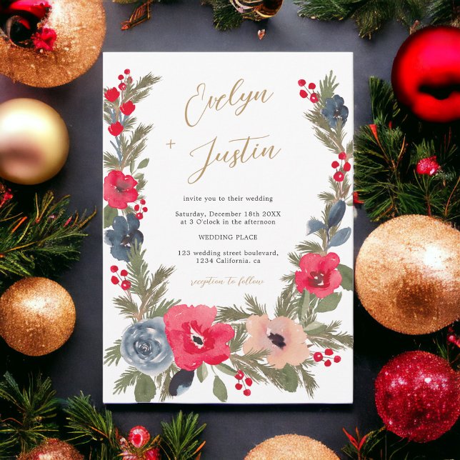 Invitación Elegante Boda de acuarela floral de invierno rústi (Rustic Elegant Winter Floral Watercolor Wedding Invitation)
