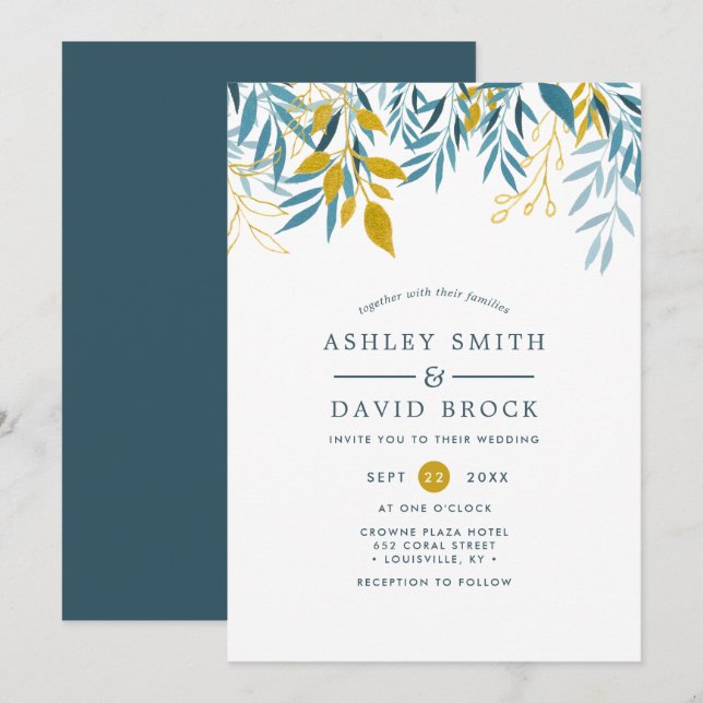 Invitación Elegante Boda de acuarela floral de la Marina (Anverso / Reverso)