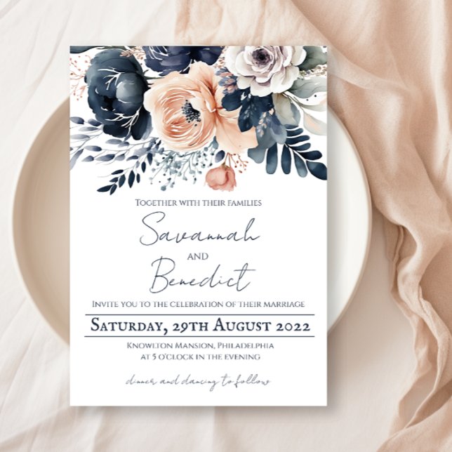 Invitación Elegante boda de acuarela floral de la marina de m (Subido por el creador)