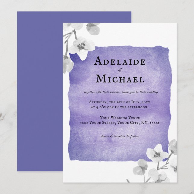 Invitación Elegante Boda de acuarela floral de lavanda azul (Anverso / Reverso)