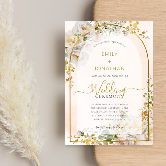 Invitación Elegante Boda de acuarela floral de oro blanco (Subido por el creador)
