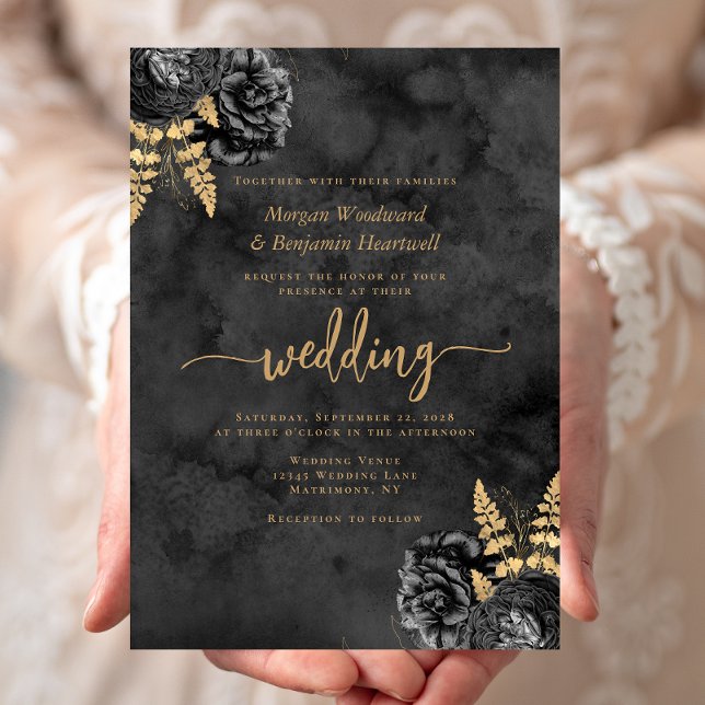 Invitación Elegante Boda de acuarela floral de oro negro (Subido por el creador)
