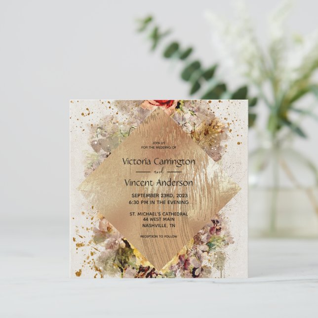 Invitación Elegante Boda de acuarela floral dorada (Anverso de pie)