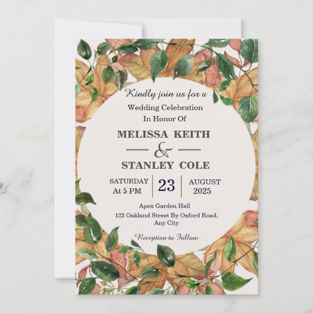 Invitación Elegante Boda de acuarela floral Naranja de vegeta (Anverso)