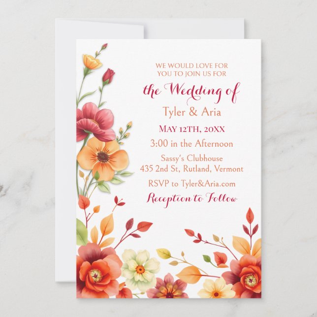 Invitación Elegante Boda de acuarela floral otoño (Anverso)