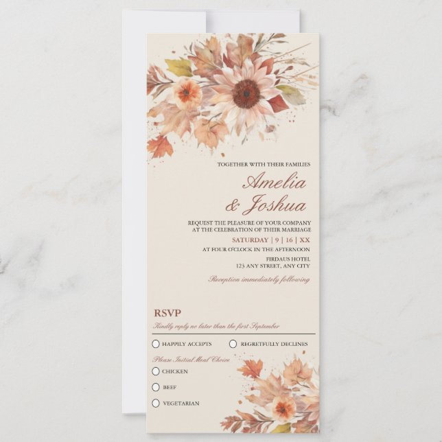 Invitación Elegante Boda de acuarela floral otoño (Anverso)