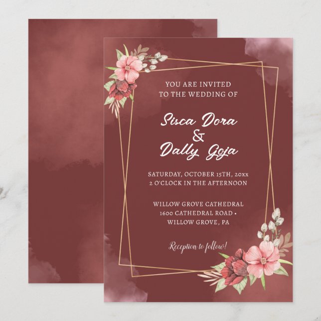 Invitación Elegante Boda de acuarela floral roja y blanca (Anverso / Reverso)