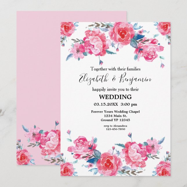 Invitación Elegante Boda de acuarela floral rosa (Anverso / Reverso)