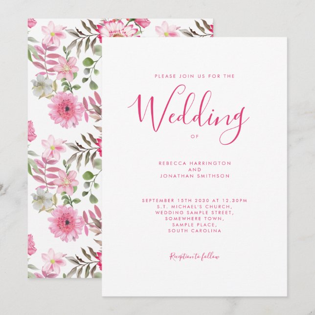 Invitación Elegante Boda de acuarela floral rosa (Anverso / Reverso)