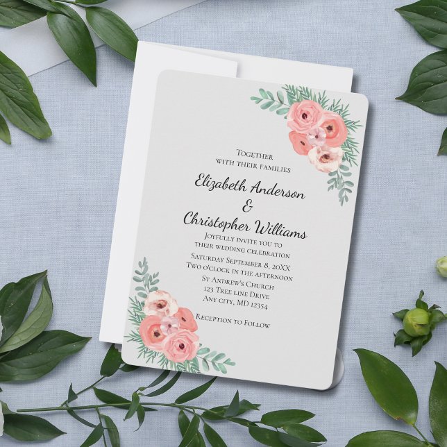 Invitación Elegante Boda de acuarela floral rosa y gris (pink floral watercolor wedding invitation with greenery. Light gray background)