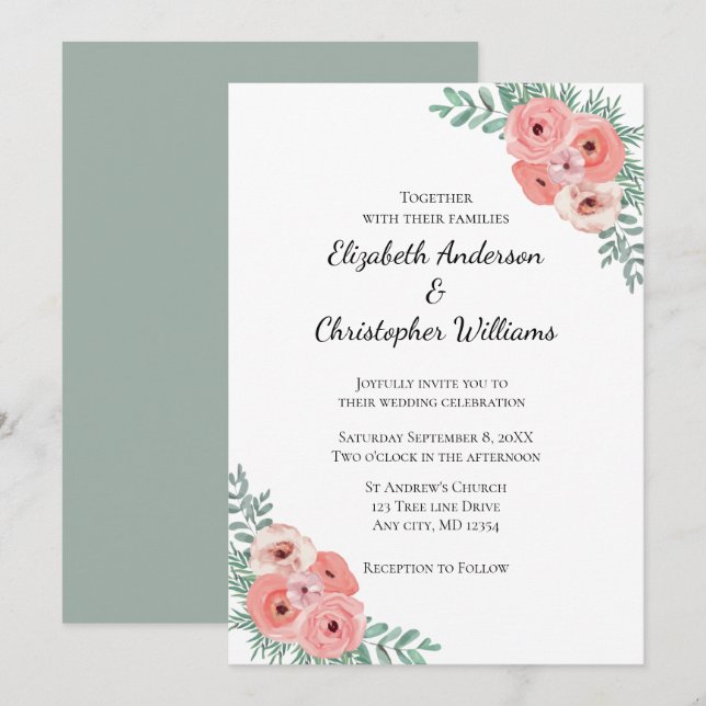 Invitación Elegante Boda de acuarela floral rosa y verde (Anverso / Reverso)