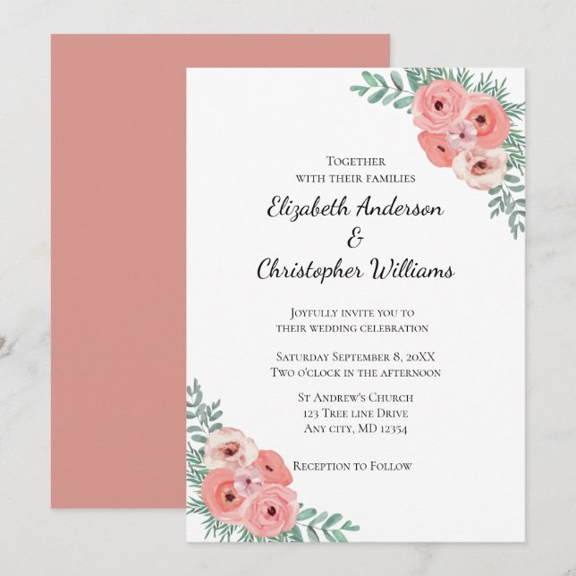 Invitación Elegante Boda de acuarela floral rosa y verde (Anverso / Reverso)