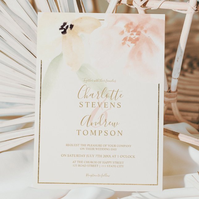 Invitación Elegante boda de acuarela floral suave en negrita  (Subido por el creador)