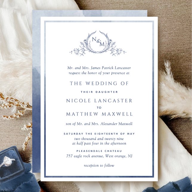 Invitación Elegante Boda de acuarela formal monograma de la m (Subido por el creador)