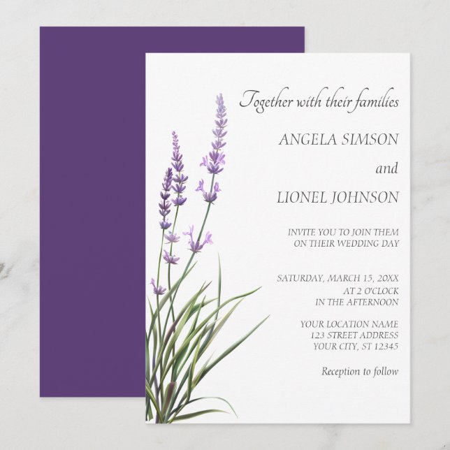 Invitación Elegante boda de acuarela lavanda  (Anverso / Reverso)