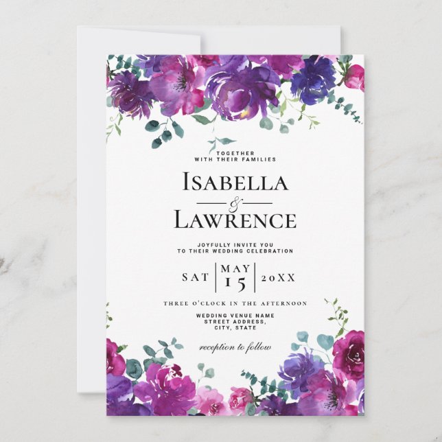 Invitación Elegante Boda de acuarela morado rosada floral (Anverso)
