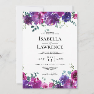 Invitación Elegante Boda de acuarela morado rosada floral