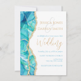 Invitación Elegante Boda de acuarela Purpurina de oro azul bl