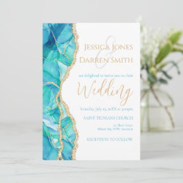 Invitación Elegante Boda de acuarela Purpurina de oro azul bl
