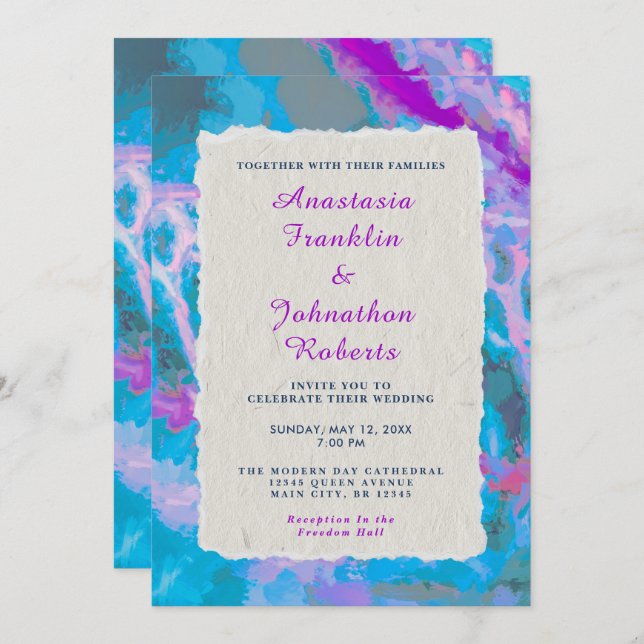 Invitación Elegante Boda de acuarela rosa azul abstracto (Anverso / Reverso)