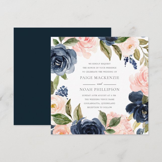 Invitación Elegante Boda de acuarela Rubor de la Marina moder (Anverso / Reverso)