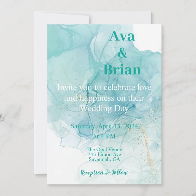 Invitación Elegante Boda de acuarela Verde azulada dorada (Anverso)