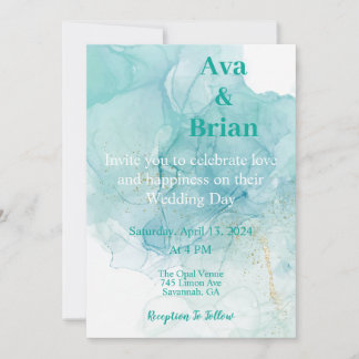 Invitación Elegante Boda de acuarela Verde azulada dorada
