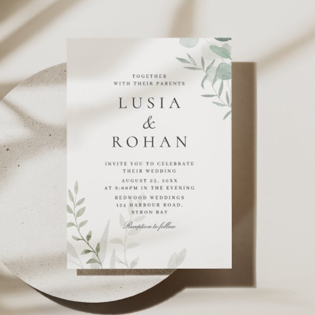 Invitación Elegante Boda de acuarela verde hojas modernas (Subido por el creador)