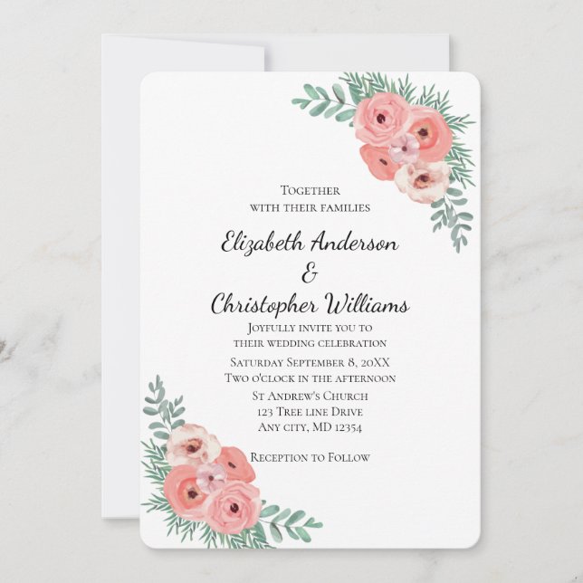 Invitación Elegante Boda de acuarela verde rosa floral (Anverso)