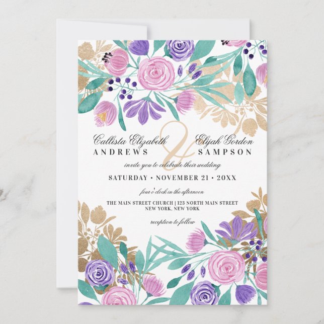 Invitación Elegante Boda de acuarela violeta rosa dorada (Anverso)