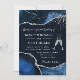 Invitación Elegante boda de ágata azul marino y brillo de pla