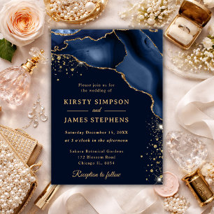 Invitación Elegante boda de ágata azul marino y oro