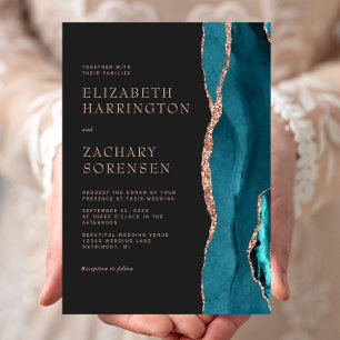 Invitación Elegante boda de ágata azul teal y oro rosa
