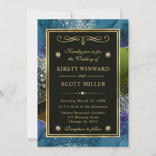 Invitación Elegante boda de ágata con brillo azul, verde y do