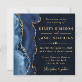 Invitación Elegante boda de ágata con brillo azul y dorado