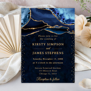 Invitación Elegante boda de ágata con brillo azul y dorado