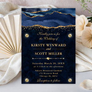 Invitación Elegante boda de ágata con brillo azul y dorado