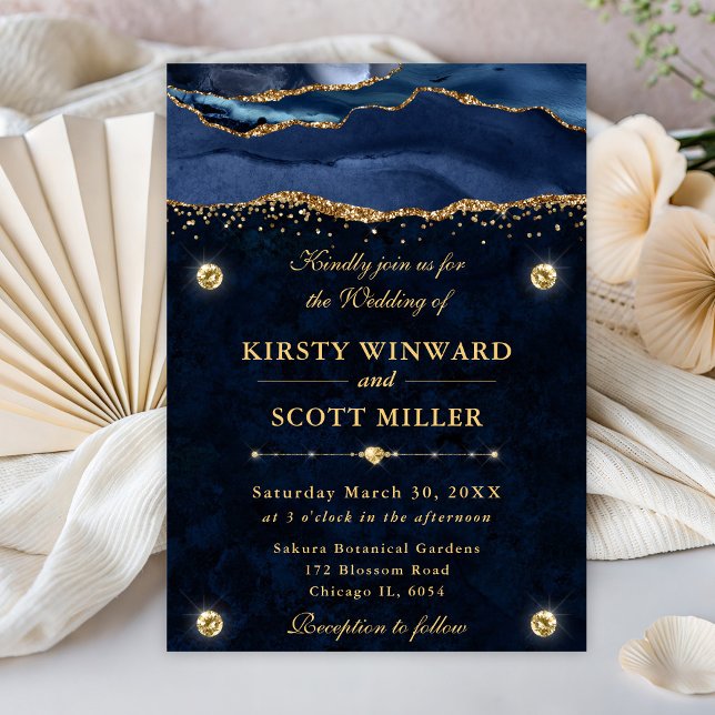 Invitación Elegante boda de ágata con brillo azul y dorado (Subido por el creador)