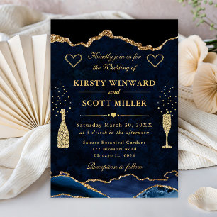 Invitación Elegante boda de ágata con brillo azul y dorado