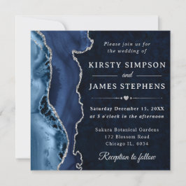 Invitación Elegante boda de ágata con brillo azul y plata