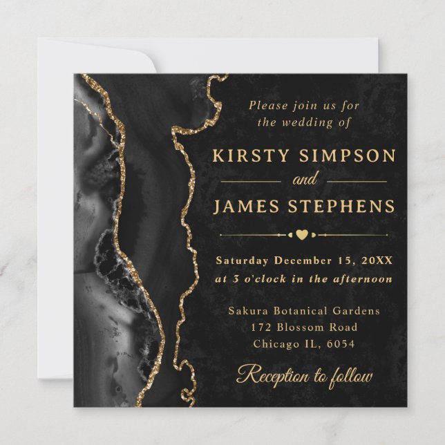 Invitación Elegante boda de ágata con brillo de oro negro (Anverso)