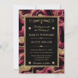 Invitación Elegante boda de ágata con brillo rojo y dorado