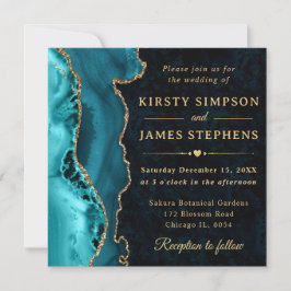 Invitación Elegante boda de ágata con brillo teal y dorado
