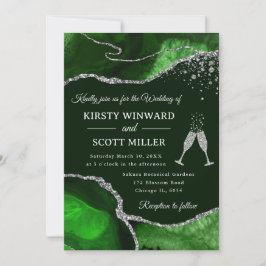Invitación Elegante boda de ágata con brillo verde y plata